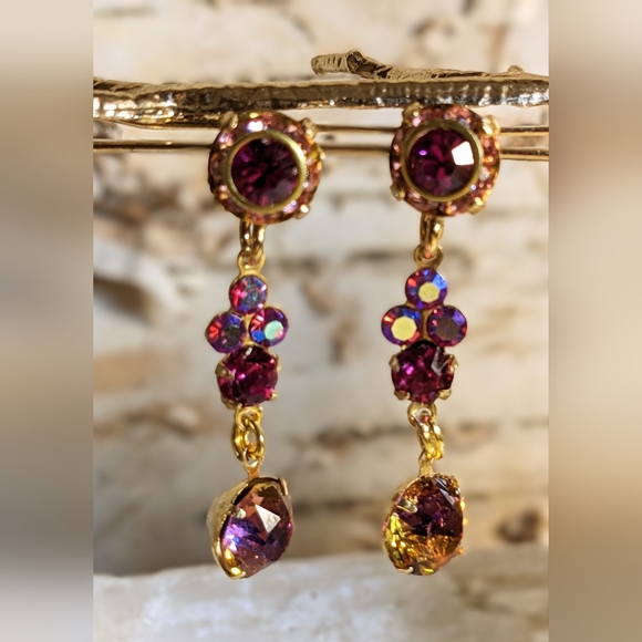 Fuschia Pink AB & Flower Swarovski Crystal In Drop Down Gold Plated Earrings - Picture 3 of 5